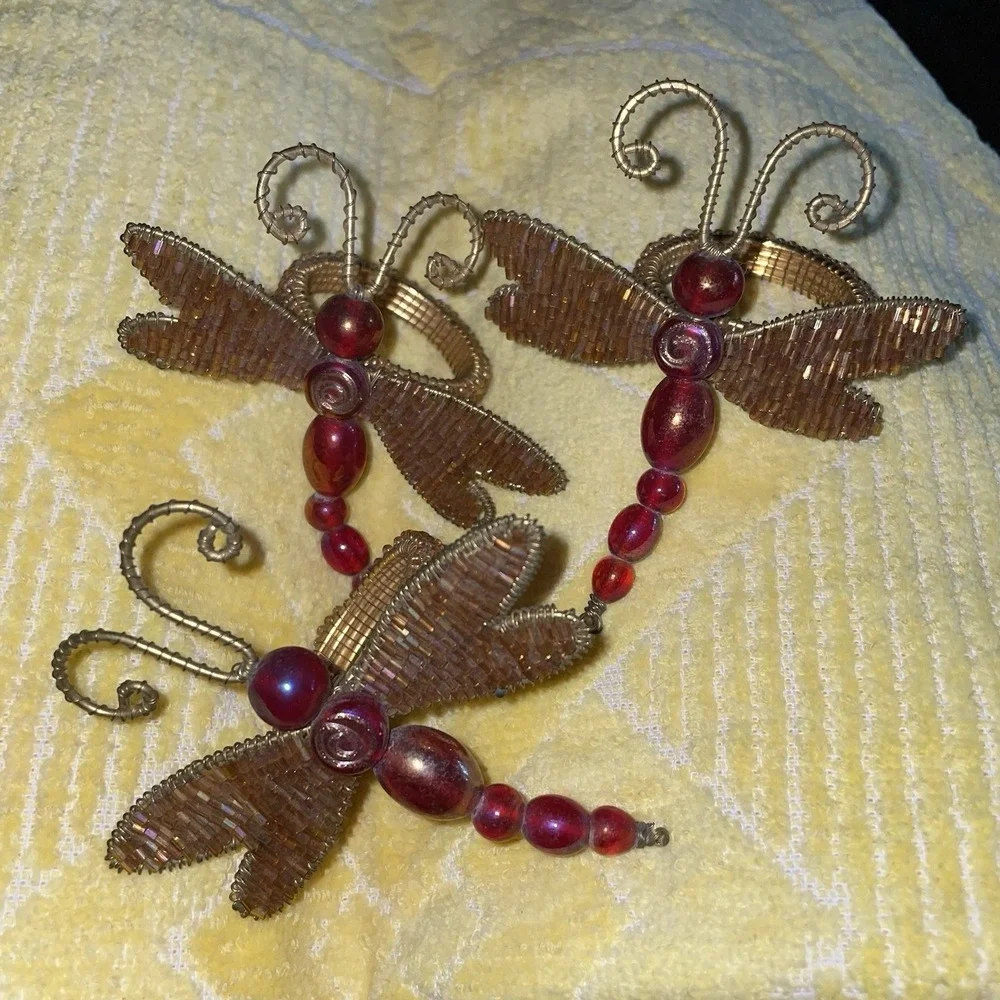 3 Pier One Beaded Dragonfly Napkin Rings ‎ Gold Wire Wings & Red Glass Beads